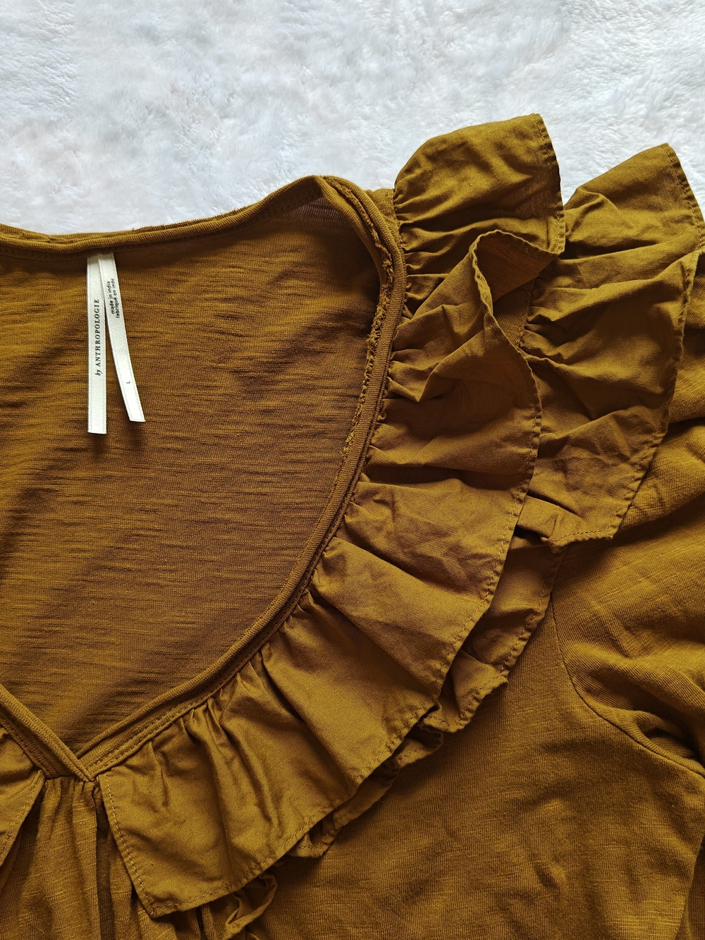 Anthropologie Women Solid Mustard Cotton Knit Ruffle V-Neck Puff Sleeve Blouse L - Picture 2 of 10